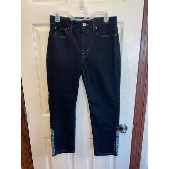 NWT Ralph Lauren Beaded High-Rise Straight Cropped Jeans in Black Rinse 28 - Picture 9 of 11